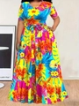 Kurzärmliges Kleid mit Rundhalsausschnitt, Tropenmuster und Bindegürtel für Damen - 1XL / Tropischer Blumendruck