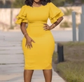 Detail of elegant tiered ruffle sleeves on a slim-fit yellow bodycon midi dress - Yellow