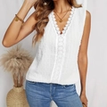 Elegante weiße ärmellose Bluse mit V-Ausschnitt, Swiss Dot-Gewebe und Spitzenbesatz - 0XL / Weiß