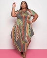 Detail of plus size short sleeve dress showing vibrant geometric print and irregular hem - 2XL / Orange