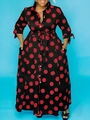 Vintage black and red polka dot long sleeve maxi shirt dress with waist tie and A-line skirt - Mixed Red Dot