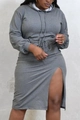 Detail of grey long sleeve hoodie dress showing waist drawstring and side split design - 4XL / Gray