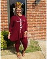 Detail of burgundy two-piece loungewear set with faith cross print on loose long-sleeve top - L / Burgundy