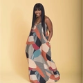 Women's V-neck maxi dress with geometric print, loose A-line fit and side pockets - 3XL / Grey Black