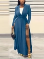 Detail of elegant navy V-neck dress featuring a high side slit and long sleeves - Lake Blue