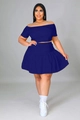 Detail of navy blue plus size two-piece set with off-shoulder top and pleated mini skirt - 1XL / Blue