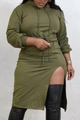 Army green hooded long sleeve dress with drawstring waist and side slit detail - 3XL / Army Green