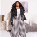 Women's faux leather moto jacket with houndstooth wide leg pants and clutch bag - 2XL / Black
