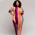 Plus size two-piece set featuring colorful vertical stripes and asymmetrical off-shoulder top - 3XL / Purple-red Stripes