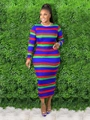 Colorful striped bodycon maxi dress in royal blue, red and green horizontal patterns - XL / Blue Stripe