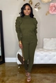 Detail of olive green two-piece knit set featuring tiered ruffles on sleeves and slim pants - XL / Army Green