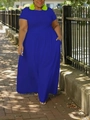 Detail view of royal blue plus size dress featuring functional side pockets and waist design - Blue