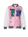 Detailed close-up of pink varsity jacket with letter prints and striped ribbed collar - Pink