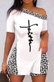 Detail of the Faith script print and geometric pattern on the white off-shoulder top - 1XL / White Geometric (Faith)