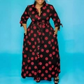 Elegante vestido camisero negro de manga larga con lunares rojos y cinturón ajustable - 2XL / Tops / Lunares Rojos Mixtos