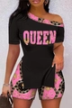 Women's 2-piece set with black Queen tee and pink baroque print biker shorts - 1XL / Pink Black Baroque (QUEEN)