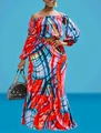 Women's two-piece set featuring off-shoulder long sleeve top and maxi skirt with tie-dye print - Red