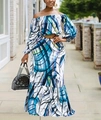 Women's two-piece set featuring off-shoulder top and blue-green tie-dye printed long skirt - Sky Blue