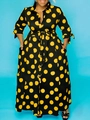 Vestido camisero largo de manga larga con grandes lunares amarillos sobre tela negra - 3XL / Amarillo