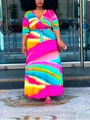 Detailed view of women's V-neck wrap maxi dress with colorful abstract stripe patterns - Mixed Colors