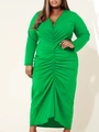 Detail of bright green plus-size midi dress with deep V-neck and ruched front design - XL / Green