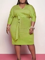 Detail of plus size V-neck polka dot dress in lime green with waist tie and 3/4 sleeves - Grass Green