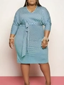 Detail of plus size V-neck polka dot dress in light blue with self-tie waist belt - Sky Blue