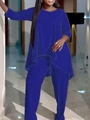 Détails de l'ensemble deux pièces en velours bleu roi avec manches longues et ourlet - Bleu
