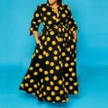 Women's long sleeve shirt dress in black with vibrant yellow polka dots and waist tie - Yellow