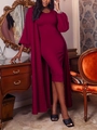 Elegant burgundy knit maxi dress and long cardigan set in a classical interior setting - Burgundy