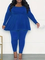 Detail van de koningsblauwe plus-size set met top met empire-taille en strakke broek - XL / Blauw