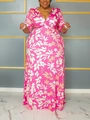 Elegante abito lungo taglie forti rosa a fiori con scollo a V e maniche lunghe - 3XL / Rosa