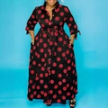 Vintage black long sleeve maxi dress featuring red polka dots and matching waist tie - Mixed Red Dot