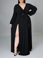 Detail of the sexy V-neckline with adjustable drawstring on this black plus size dress - Black