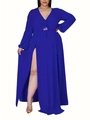 Detail of royal blue long sleeve maxi dress featuring a deep V-neck and high leg slit - Blue