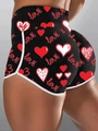 Detail of high waist slim fitness shorts with red heart print and white edge binding - Multicolor Orange Blue