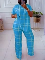 Detail of light blue plaid loungewear set with short sleeve top and loose trousers - Lake Blue