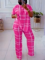 Detail of rose pink two-piece lounge set featuring white grid print and relaxed fit style - Rose Red