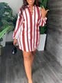 Lässiges rot-weiß gestreiftes Langarm-Hemdkleid mit V-Ausschnitt und kleiner Handtasche - 4XL / Rote Streifen