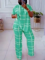 Detail view of a green and white checkered two-piece casual lounge set for women - Emerald Green