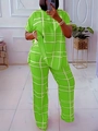 Women's two-piece casual set featuring a green plaid short sleeve top and matching pants - Green