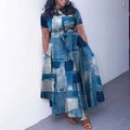 Λεπτομέρεια μπλε φορέματος με τύπωμα denim patchwork με κοντά μανίκια και ζώνη στη μέση - 1XL / Μπλε Patchwork Denim Τύπωμα