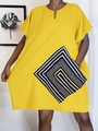 Bright yellow plus size loose dress featuring bold black and white geometric diamond patterns - 3XL / Mixed Colors