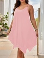 Detail of pink sleeveless loose dress with irregular hem and double shoulder straps - Pink