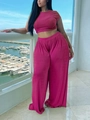 Women's rose red velvet two-piece set with short sleeve crop top and wide leg pants - Rose Red