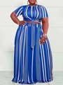 Royal blue plus size two-piece set featuring cropped t-shirt and high waist maxi skirt - Mixed Color 2 (Blue/White)