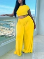 Bright yellow two-piece set with slim short sleeve top and high waist wide leg pants - Yellow