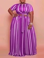 Plus size two-piece set featuring purple vertical stripe tie-front top and wide-leg pants - Mixed Color 3 (Purple/White)