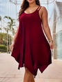 Detail of burgundy sleeveless satin dress featuring thin straps and asymmetrical hem - Burgundy