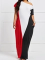 Robe maxi grande taille pour femmes avec design color-block et épaule dénudée et poches - En rupture de stock / Rouge Blanc Noir Épissage